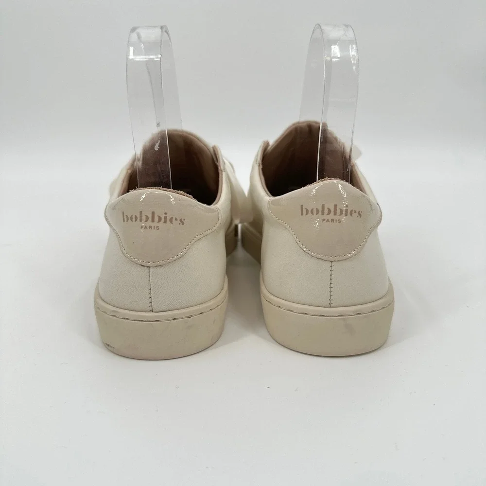 Bobbies Paris Women Off White Leather Sneakers Ribbon Laces Gold Eyelet 38 / 7.5